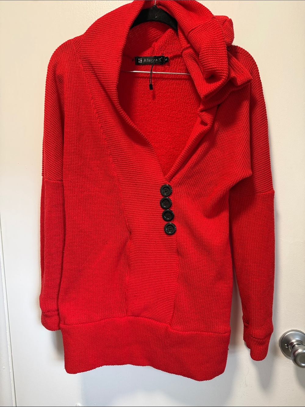 Allegra K Bright Red Button-Front Cowl Neck Sweater/Mini Dress